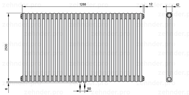 Схема (чертеж) Радиатор Zehnder Charleston 2250/28 №3470 Белый глянцевый RAL 9016